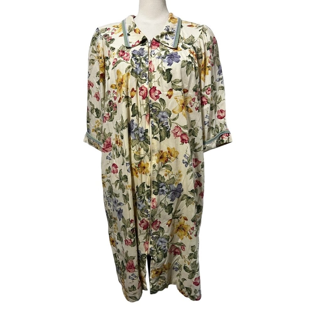 Vintage Smart Time Floral Zip Front Night Gown Robe Sz Large Womens Collared Bei